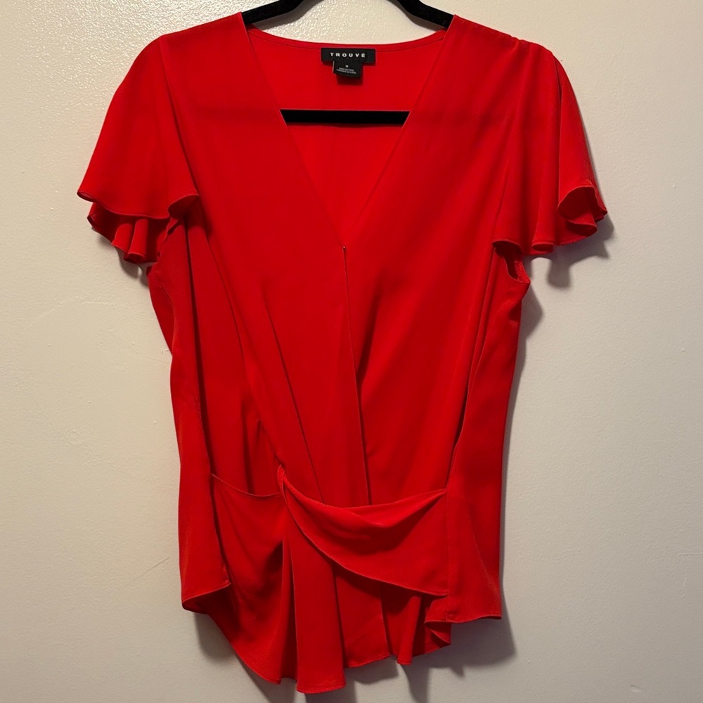 Trouve Red Flutter Sleeve Blouse